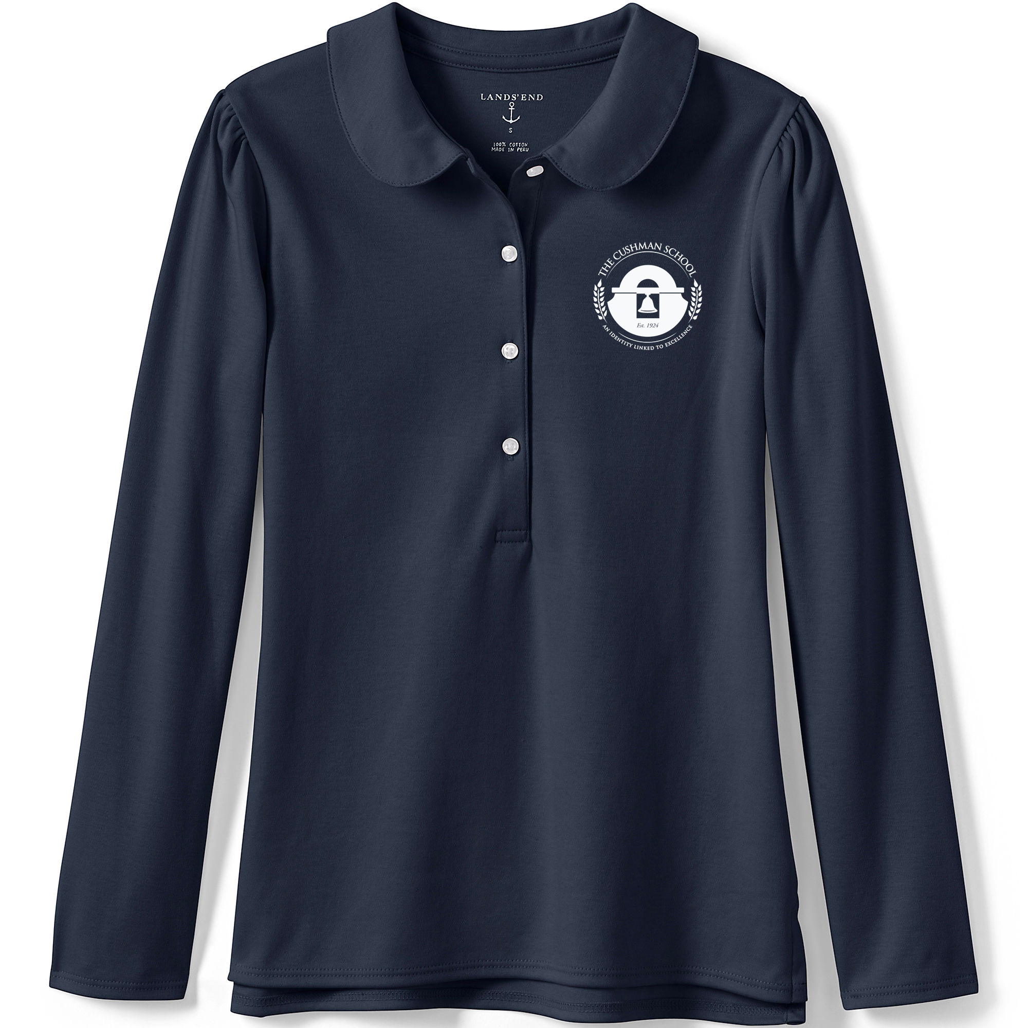 Knit Peter Pan Collar Polo Shirt, Long Sleeve -Navy